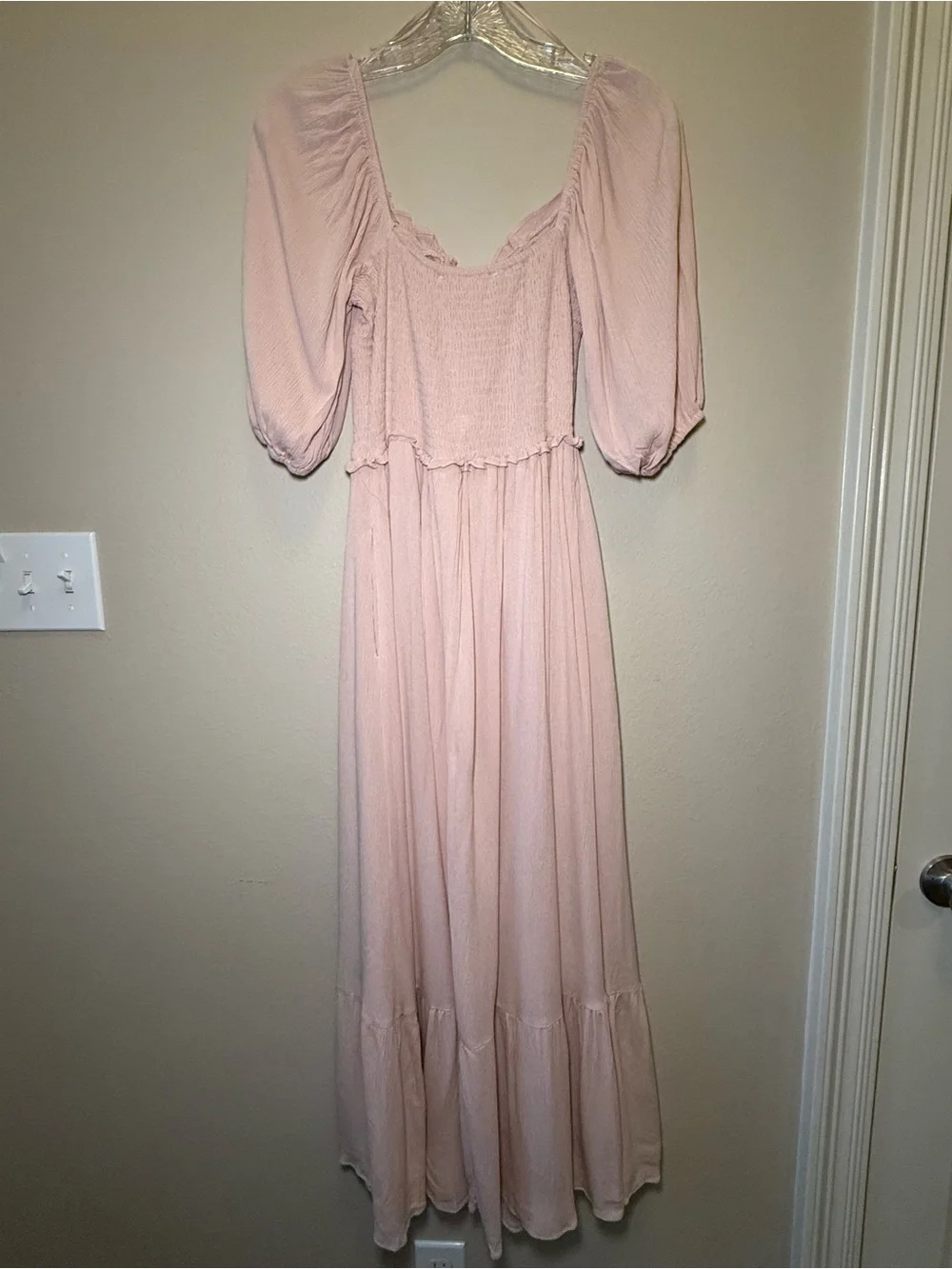 NWT Dress Day Pink Smocked Puff Sleeve Boho Tiered Maxi Maternity Photoshoot Sm - Picture 4 of 11